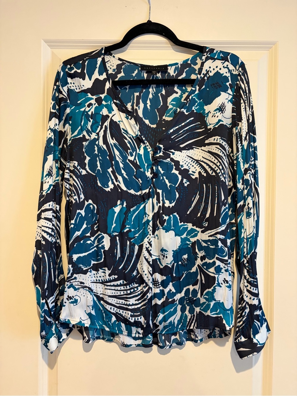 Womens Teal Blue Floral V-Neck Button Front Blouse